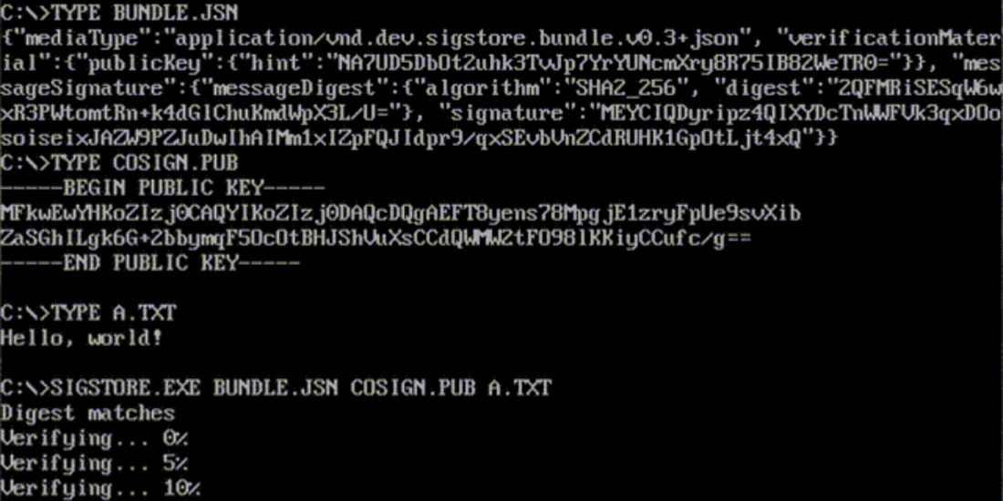 a DOS terminal running a verification with sigstore-c
